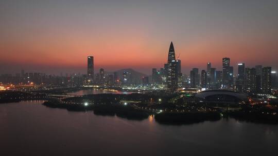 深圳南山区深圳湾日落晚霞夜景航拍