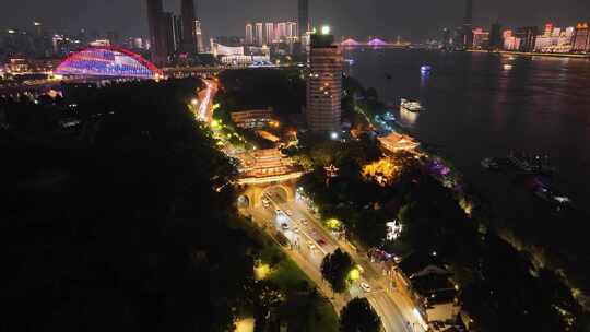 湖北武汉晴川阁景区航拍夜晚夜景汉阳区洗马