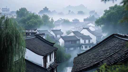 中式建筑水墨风江南水乡空镜头