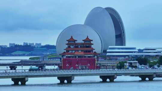 广州珠海日月贝大剧院情侣路海滩高空航拍