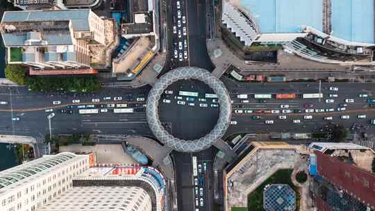 人行天桥交叉十字路口航拍延时