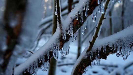 冰挂树枝特写，展现冬日冰雪之美