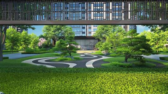 新中式庭院园林景四季变化三维动画效果视频