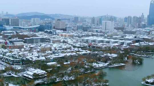 山东济南大明湖百花洲明府城雪景航拍