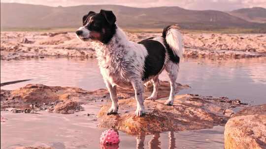 黑色和白色的小猎犬混合站在岩石上，水池里