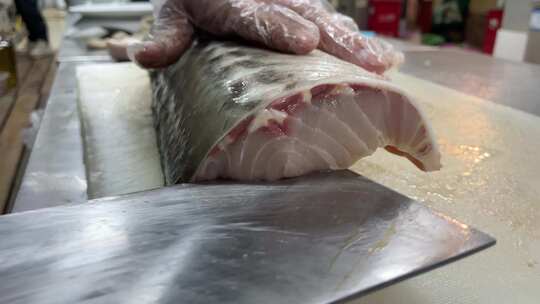 养殖中华鲟分割 切鱼肉片