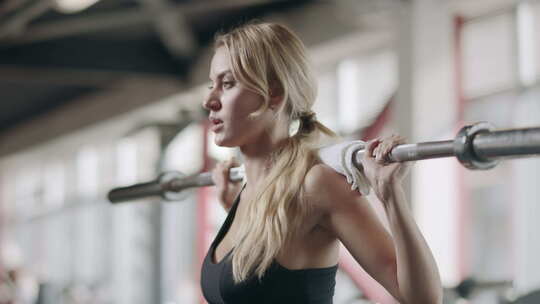 漂亮的女运动员蹲与杠铃在健身训练在健身房
