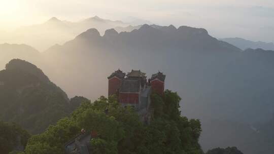 湖北武当山日出山顶寺庙航拍