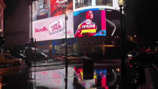 雨夜走在繁忙城市街道人行道上的行人