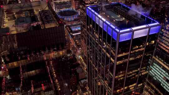 城市航拍曼哈顿哈德逊广场摩天大楼夜景灯光视频素材模板下载
