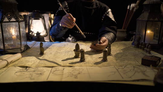 古代军营将领士兵正在研究兵营地图作战兵法