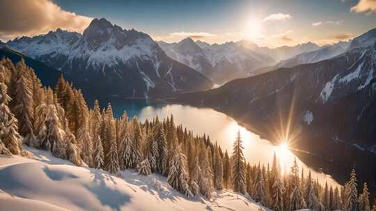 冬日雪山森林湖泊美景