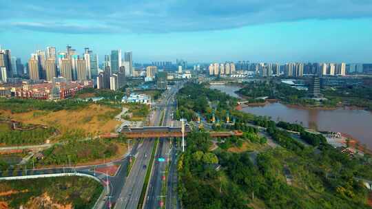 南宁五象湖公园秋月路五象风雨桥航拍