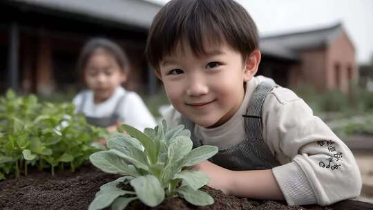 小朋友们在田园里快乐种植蔬菜
