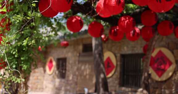 农村悬挂的红灯笼与福字