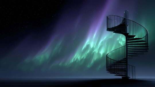 星空极光下的无限延伸旋转楼梯