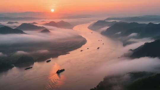 航拍长江云雾缭绕的日出壮丽山河云海延时