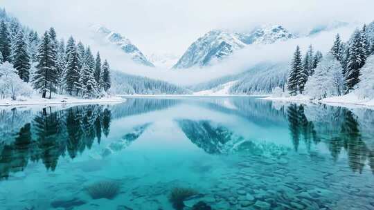 冬季雪山森林湖泊美景