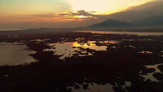 太阳从湖面和沼泽地上空升起