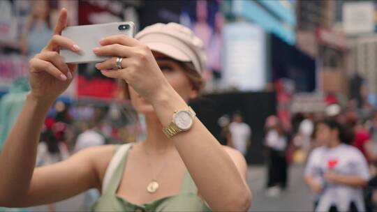 游客在城市里拍照片视频素材模板下载