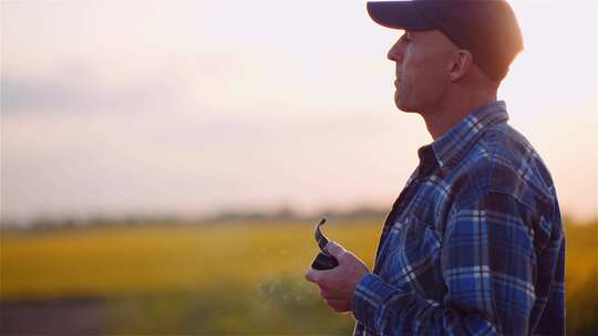 一名男子站在田野里拿着烟斗吐烟