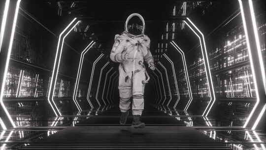 一名宇航员跑过黑白隧道