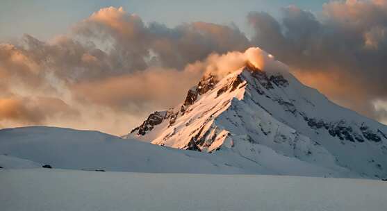 雪山云雾森林阳光树林远山峰大自然生态风景