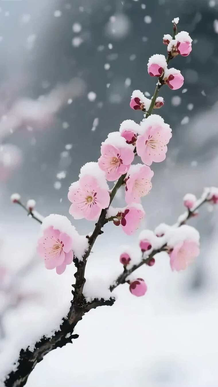 雪中绽放的粉色梅花