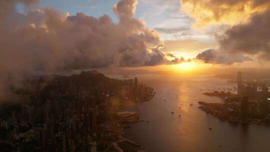 香港维多利亚港日落航拍大景