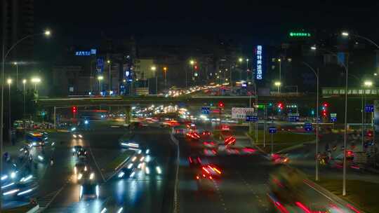 夜晚城市道路交通高架桥十字路口夜景