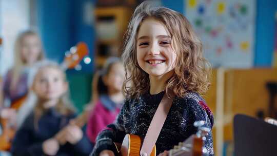 快乐女孩教室里弹奏尤克里里微笑