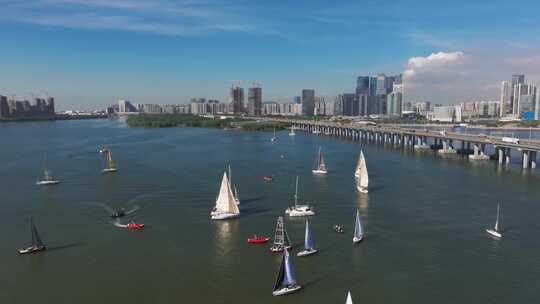 深圳宝安前海地区欢乐港湾帆船航拍4k