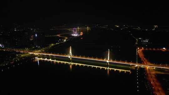 4K航拍湘潭市城市夜景湘潭三大桥