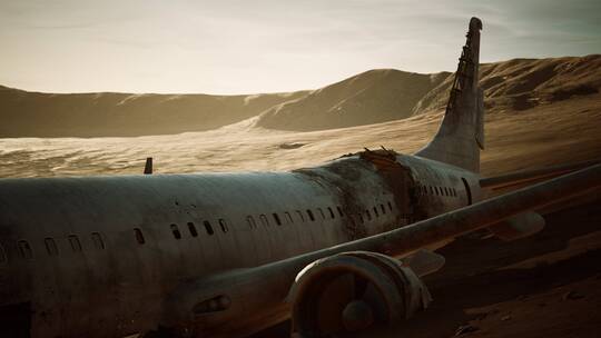 沙漠中被遗弃的粉碎飞机视频素材模板下载
