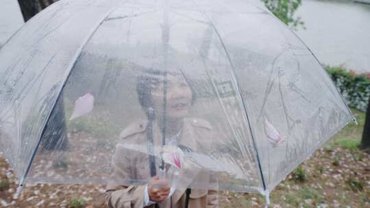 春日紫荆花盛开美景雨中赏花撑伞漫步的女性