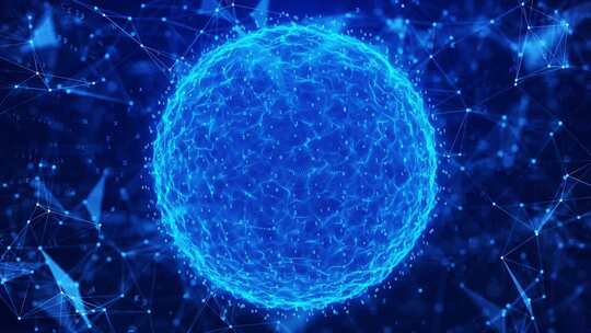 蓝色宇宙球：具有明亮发光能量的抽象数字波