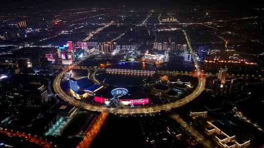 航拍扬州西区明月湖大桥夜景京华城商圈全景