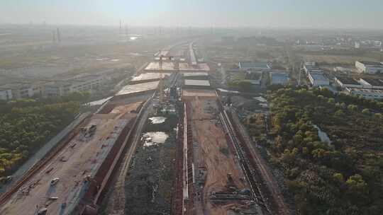 航拍鸟瞰上海松江枢纽建筑工地全景视频素材模板下载