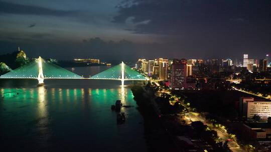 城市航拍宜昌夷陵长江大桥夜景灯光秀