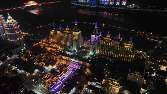 西双版纳景洪市湄公河酒店航拍夜景风光