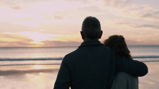 情侣站在海边看夕阳背影视频素材模板下载