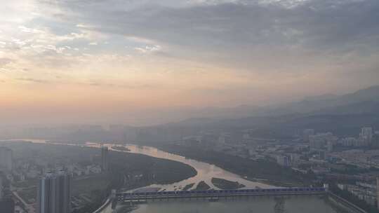 陕西宝鸡城市清晨风光航拍