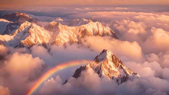 雪山云海间的彩虹美景