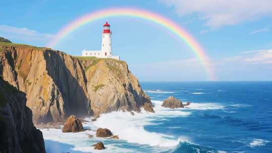 海边悬崖灯塔与彩虹景观