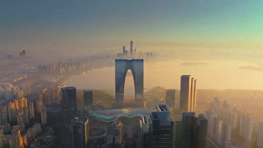 【4K】苏州东方之门/金鸡湖/日出航拍