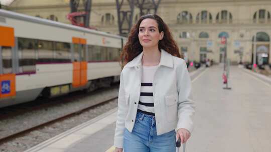 带着行李在站台火车站散步的年轻女子视频素材模板下载