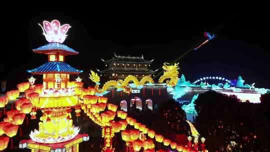 浙江绍兴新昌大佛寺春节灯会航拍