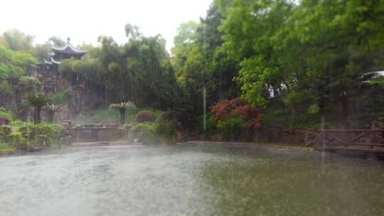 阴天小雨中的园林庭院降雨竹林雨中古建筑