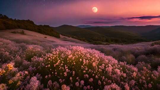 月夜下的山间花田美景