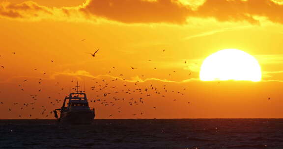 日落时的渔船与鸟群
